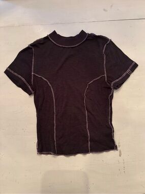 BDG Dark Gray Short Sleeve Cropped Top with Light Pink Stitching